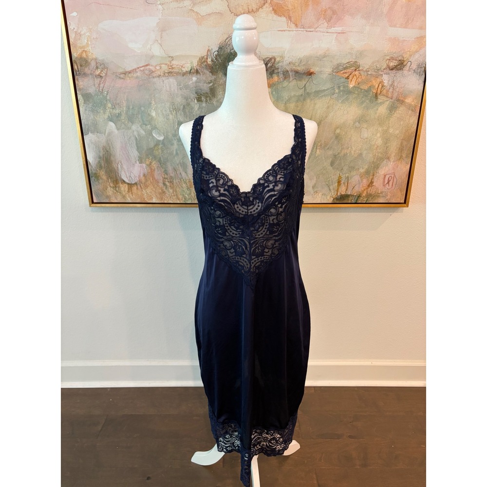 Vintage Vanity Fair Full Slip Dress 36 Navyโ Blue Lace Bodice Nylon Nightgown